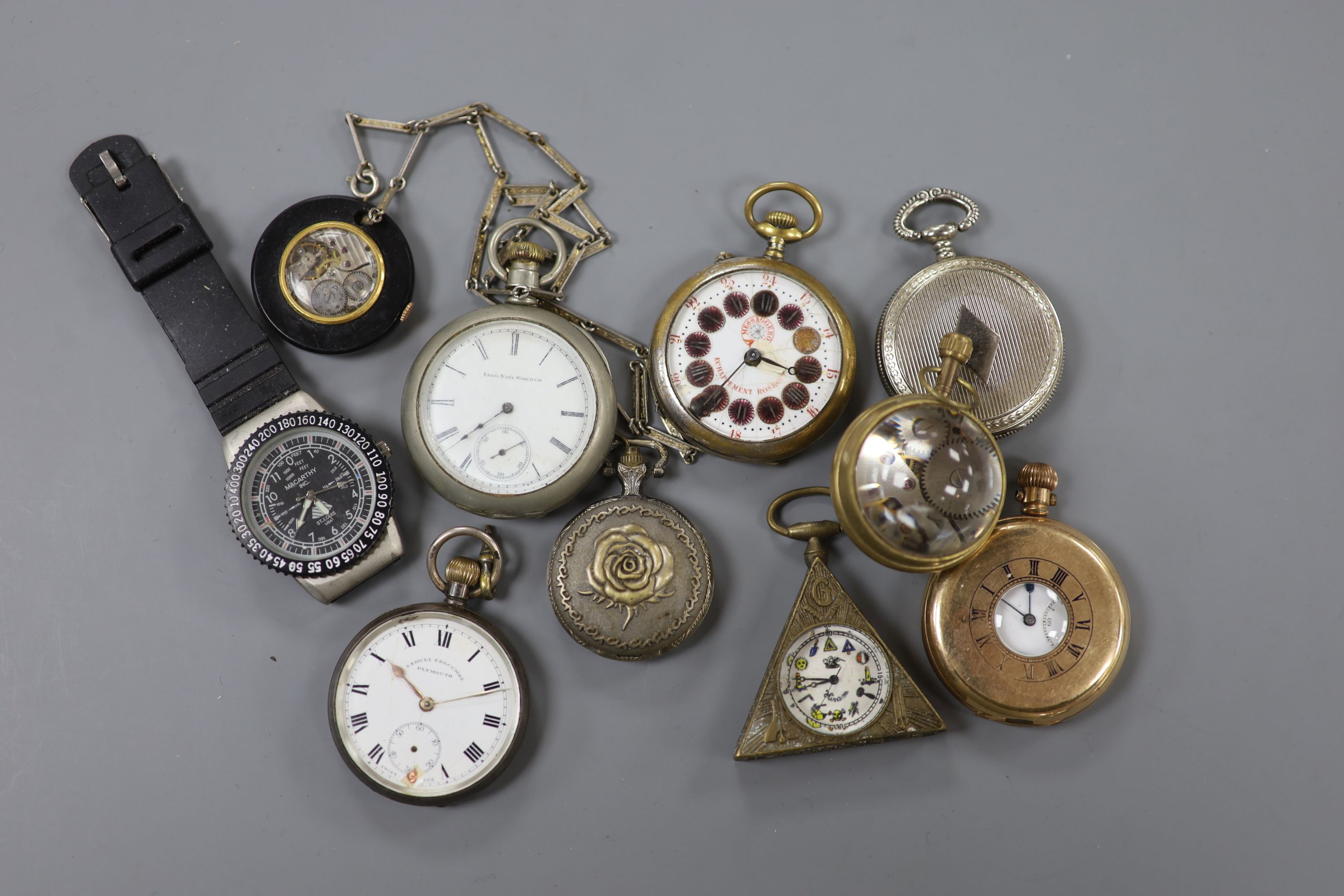 A small group of assorted pocket watches etc including a silver open face pocket watch and a globe watch.